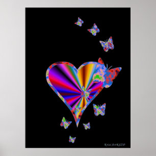 Póster Corazón arcoiris y mariposa