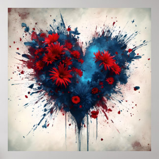 Póster Corazón azul en llamas con flores rojas