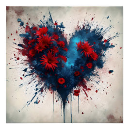 Póster Corazón azul en llamas con flores rojas