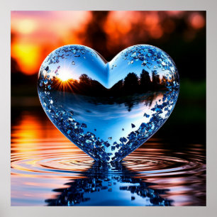 Póster Corazón Azul Reflectante en Agua al Atardecer 