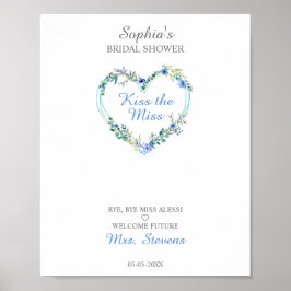 Póster Corazón de acuarela floral con hojas en azul