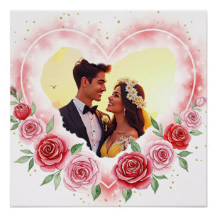 Póster Corazón de acuarela romántica con espárragos dorad
