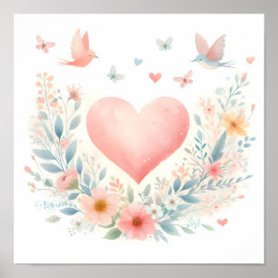 Póster Corazón de acuarela suave amor flores pájaros