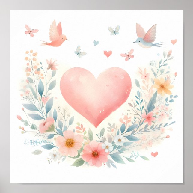 Póster Corazón de acuarela suave amor flores pájaros (Frente)