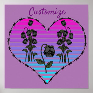 Póster Corazón de alambre de púas Rosas negros deseosos T