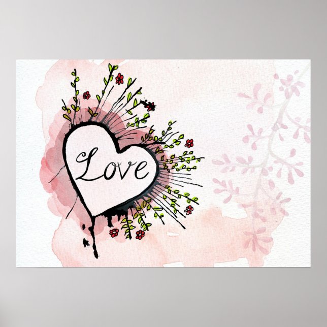 Póster Corazón de amor acuarela (Frente)