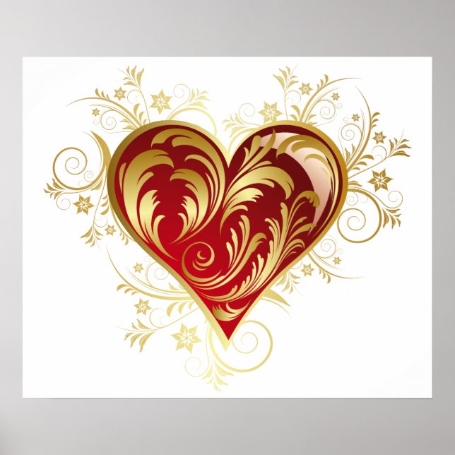 Póster Corazón De Amor De Filgree Rojo Y Oro (Frente)