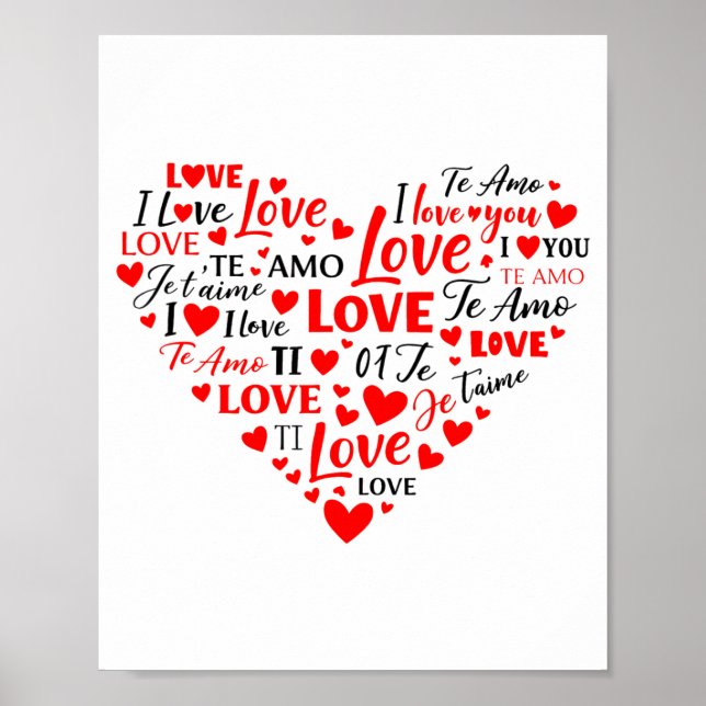 Póster Corazón de amor multilingüe te amo romántico San V (Frente)