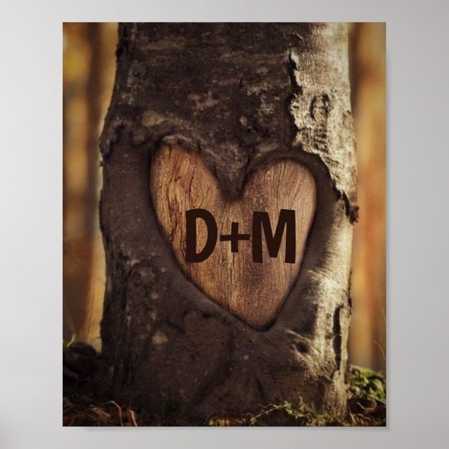 Póster Corazón de árbol con iniciales de Personalizable (Frente)