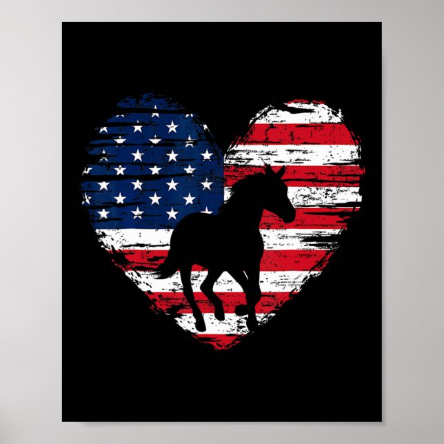 Póster Corazón De Bandera Americana Caballo 4 De Julio Ee (Frente)