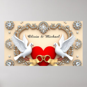 Póster Corazón de Diamante Romántico de Boda con Palomas