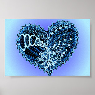 Póster Corazón de Doodle Azul