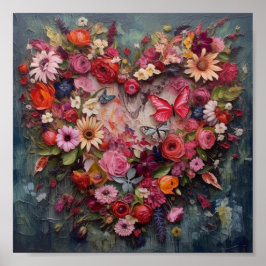 Póster Corazón de flores y mariposas