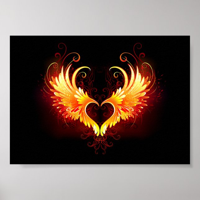 Póster Corazón de fuego angélico con alas (Frente)