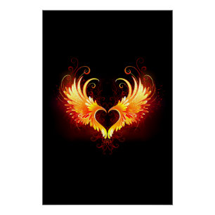 Póster Corazón de fuego angélico con alas