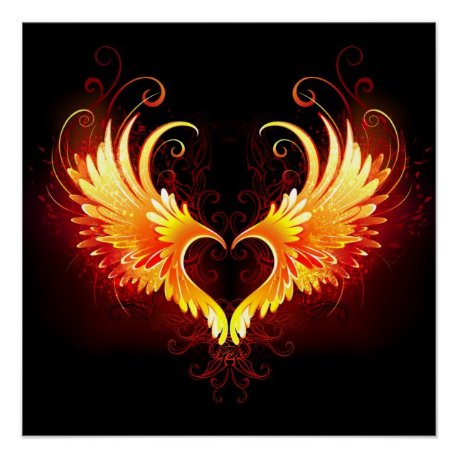 Póster Corazón de fuego angélico con alas (Anverso)