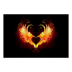 Póster Corazón de fuego angélico con alas