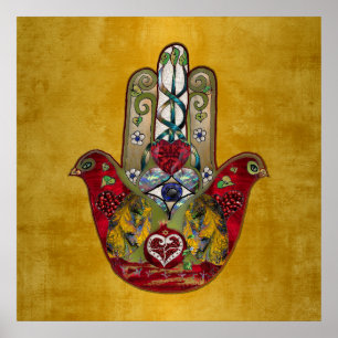 Póster Corazón de Granada Rojo de Pájaro Hamsa Rubí