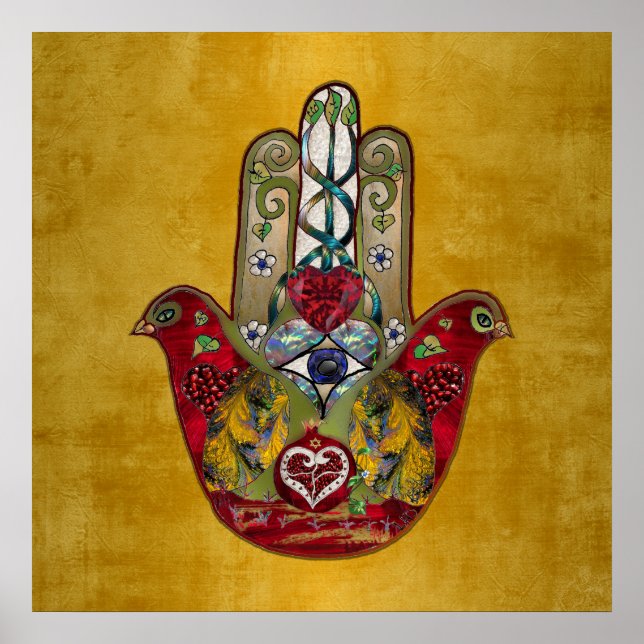 Póster Corazón de Granada Rojo de Pájaro Hamsa Rubí (Frente)