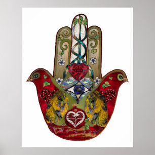 Póster Corazón de Granada Rojo de Pájaro Hamsa Rubí