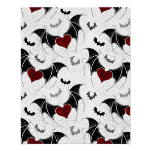 Póster Corazón de Halloween con alas de murciélago negras