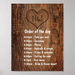 Póster Corazón de madera quemada Orden rústico de boda de