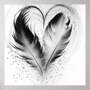 Póster Corazón de pluma - Blanco y negro