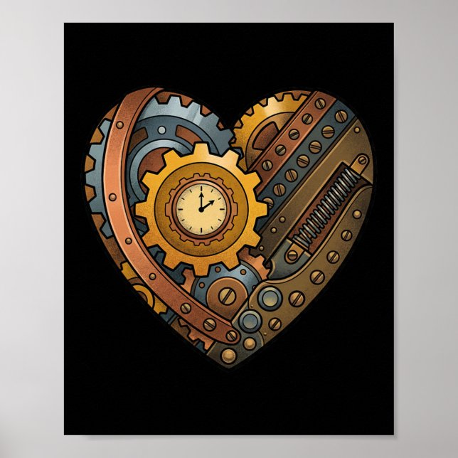 Póster Corazón de relojería Steampunk con engranajes y mo (Frente)
