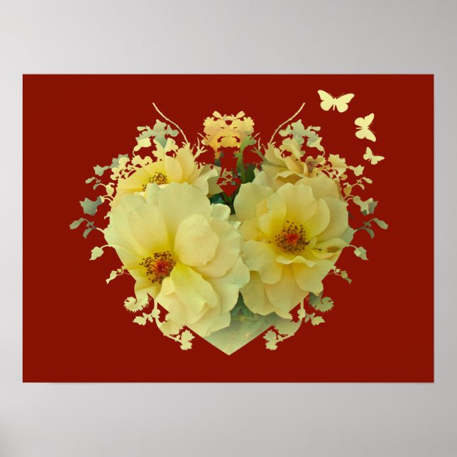 Póster Corazón de rosas amarillas en Poster rojo (Frente)