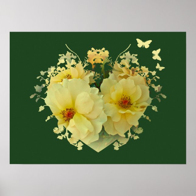 Póster Corazón de rosas amarillas en Poster verde (Frente)