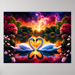 Póster Corazón de San Valentín de pareja de cisne bajo un