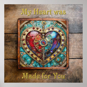 Póster Corazón de vidrio teñido rojo y azul serie Steampu
