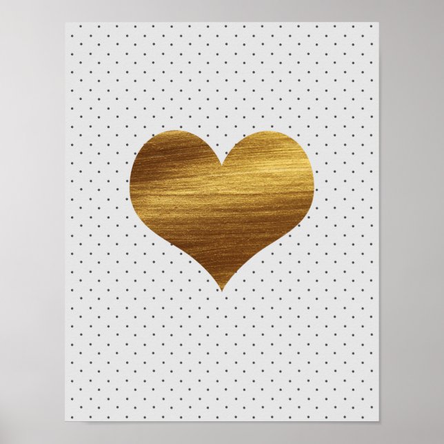 Póster Corazón dorado con puntos de polka blanco y negro (Frente)