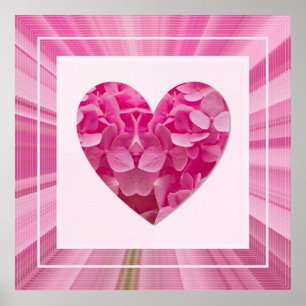 Póster Corazón enmarcado de flor de hortensia rosa de pri