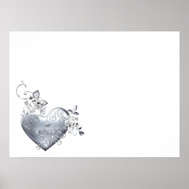 Póster Corazón filigrí plateado y rosas blancas (Frente)