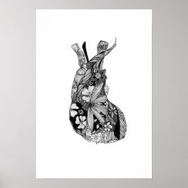 Póster Corazón floral blanco y negro