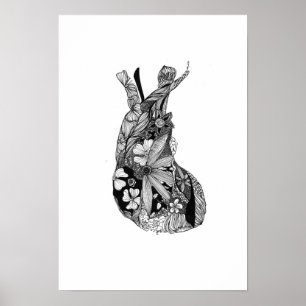 Póster Corazón floral blanco y negro