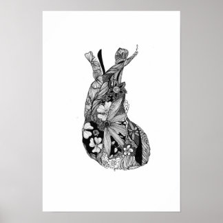 Póster Corazón floral blanco y negro