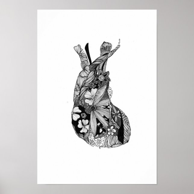 Póster Corazón floral blanco y negro (Frente)