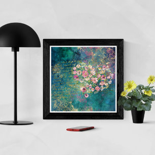 Póster Corazón Floral Dorado Escritura Romántica