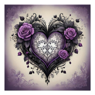 Póster Corazón gótico, Rosas y diseño 🖤 de época filigrí