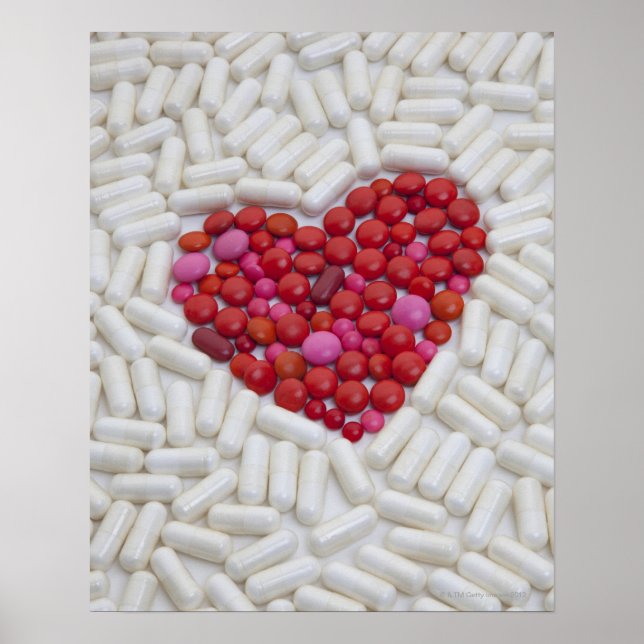 Póster Corazón hecho de pastillas rojas (Frente)