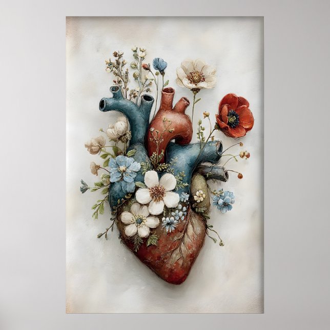 Póster Corazón Humano Caprichoso Flores Imprimir, Anatómi (Frente)