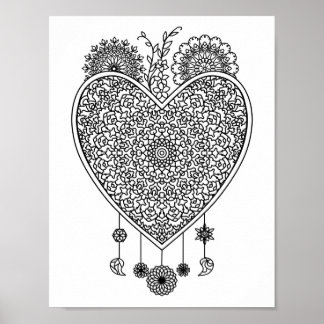 Póster Corazón Mandala Colorante adulto El color del dood
