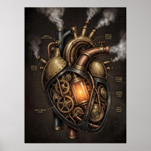 Póster Corazón Mecánico Steampunk Plano Anatómico Bluepri