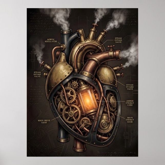 Póster Corazón Mecánico Steampunk Plano Anatómico Bluepri (Frente)