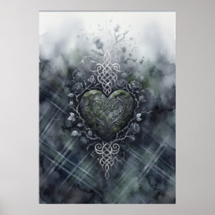 Póster Corazón Nudo Celta Tartán Verde Escocés