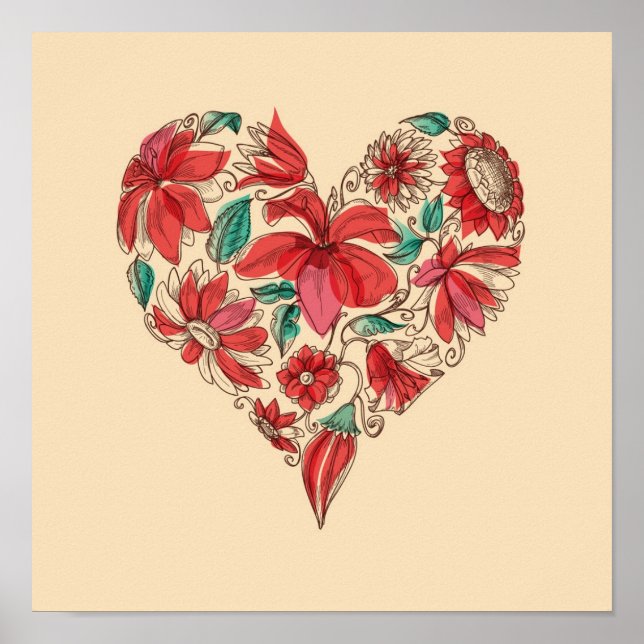 Póster Corazón retro de flores símbolo de amor (Frente)