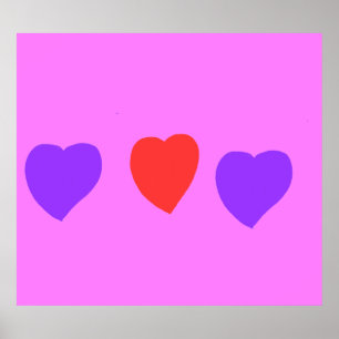 Póster Corazón rojo con corazones morados sobre rosa