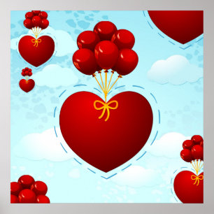 Póster Corazón rojo con globos, poster